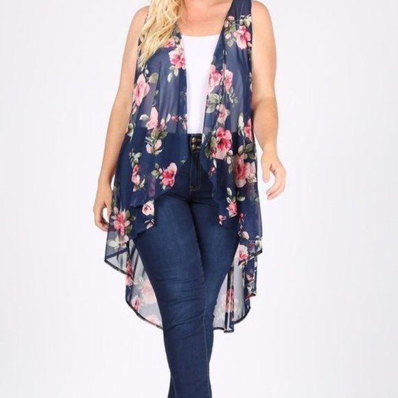 Navy Floral Plus Size Vest - Picture 1 of 2